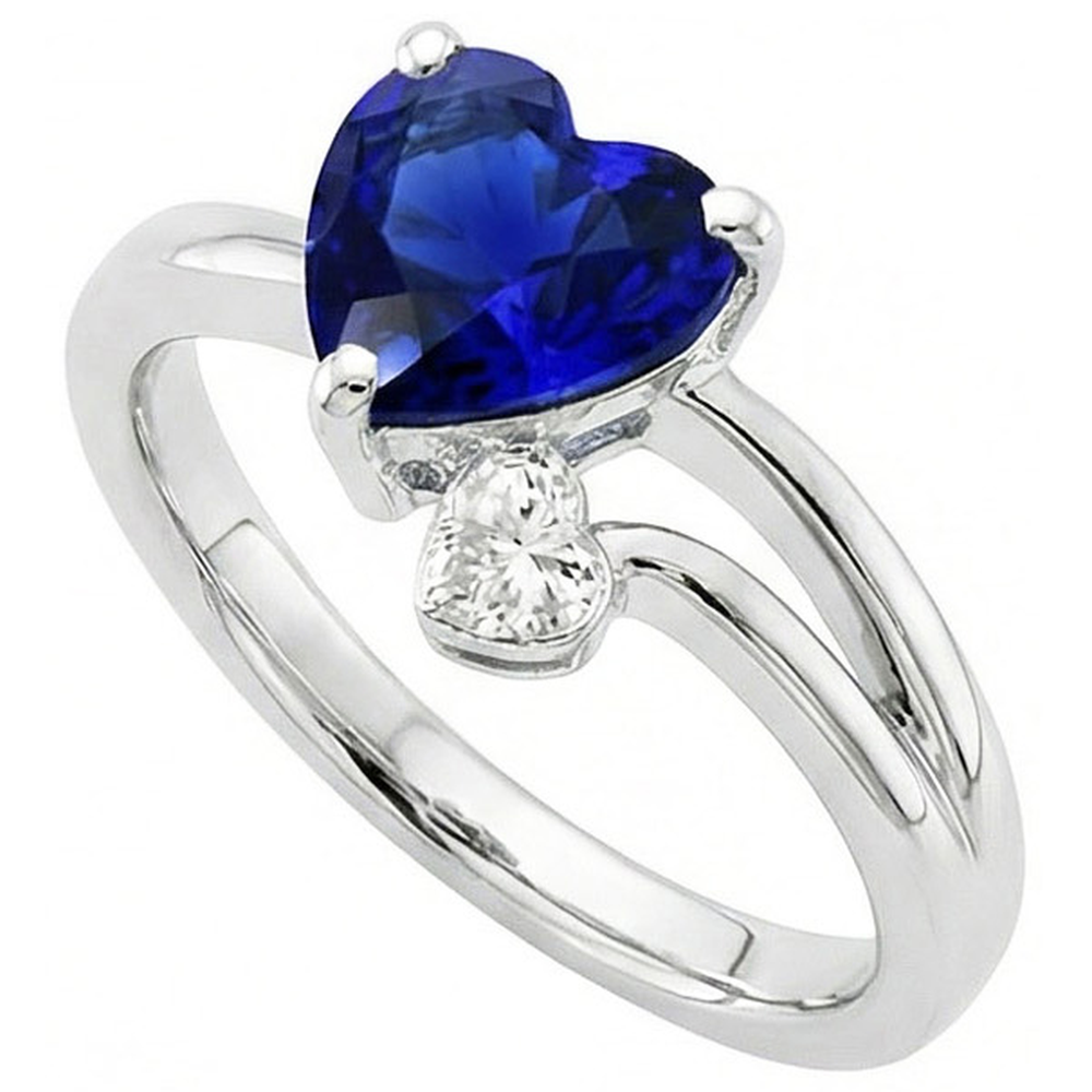 2 Stone Natural Earth Mined Diamond Ring Heart Deep Blue Sapphire Split Shank 2.25 Carats