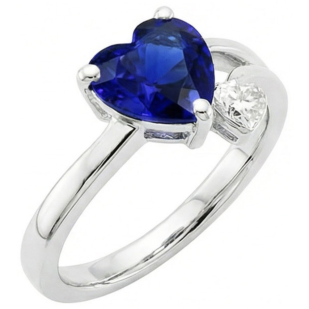 2 Stone Natural Earth Mined Diamond Ring Heart Deep Blue Sapphire Split Shank 2.25 Carats