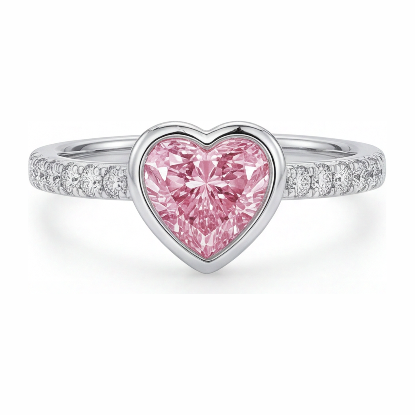 Pink Heart Diamond Ring 2 Carat Lab Grown Bezel 14K White Gold
