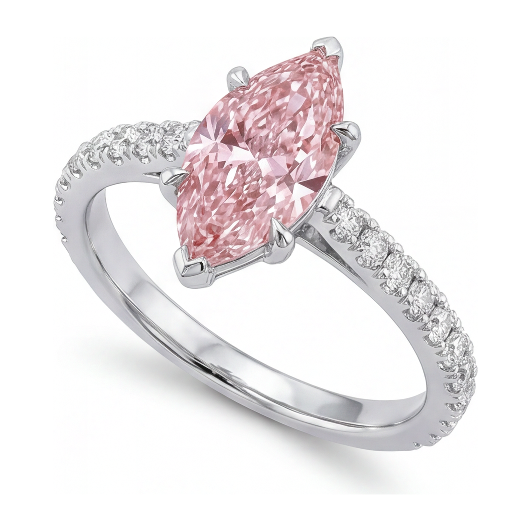 Pink Diamond Ring 2 Carat Lab Grown Marquise Pave 14K White Gold