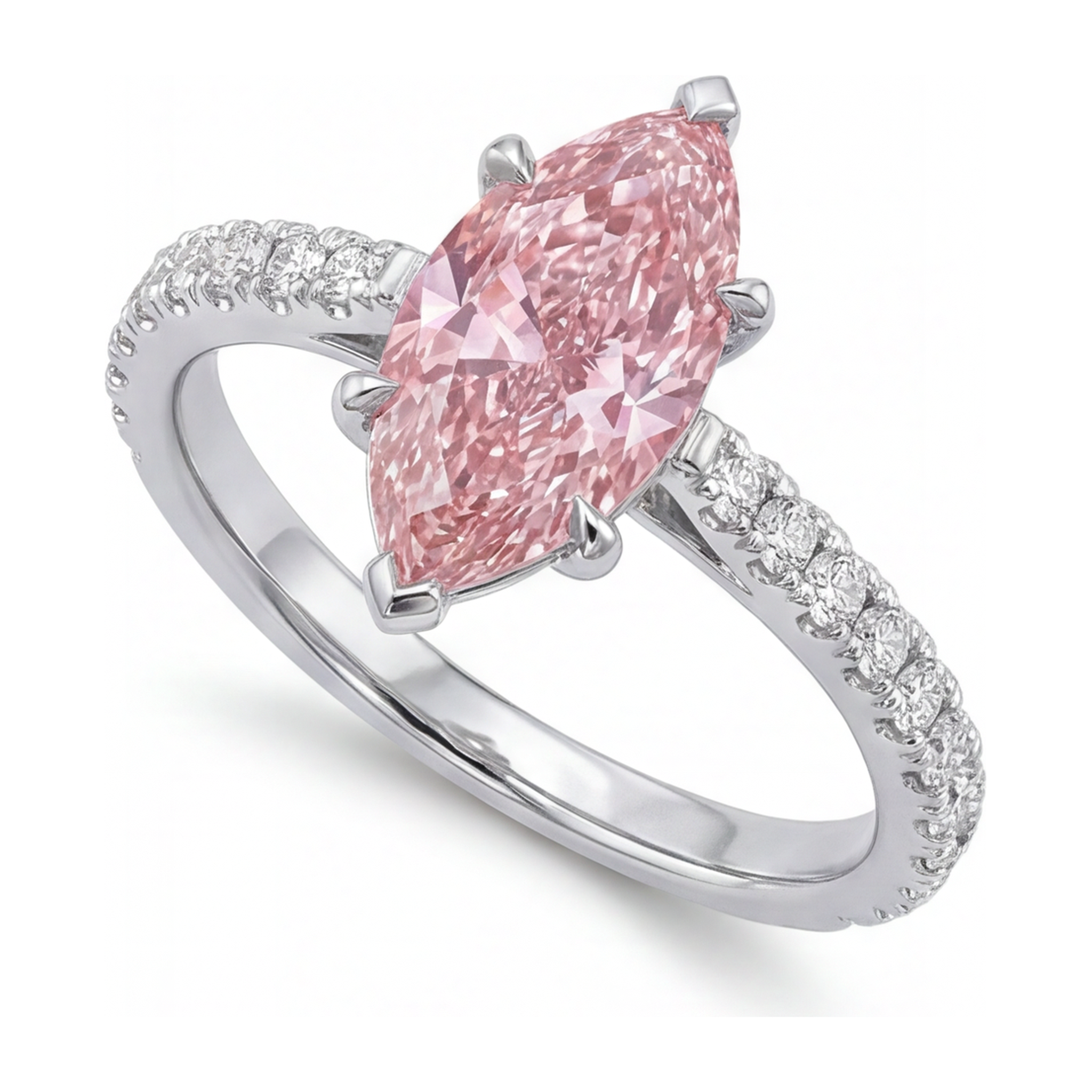 Pink Diamond Ring 2 Carat Lab Grown Marquise Pave 14K White Gold