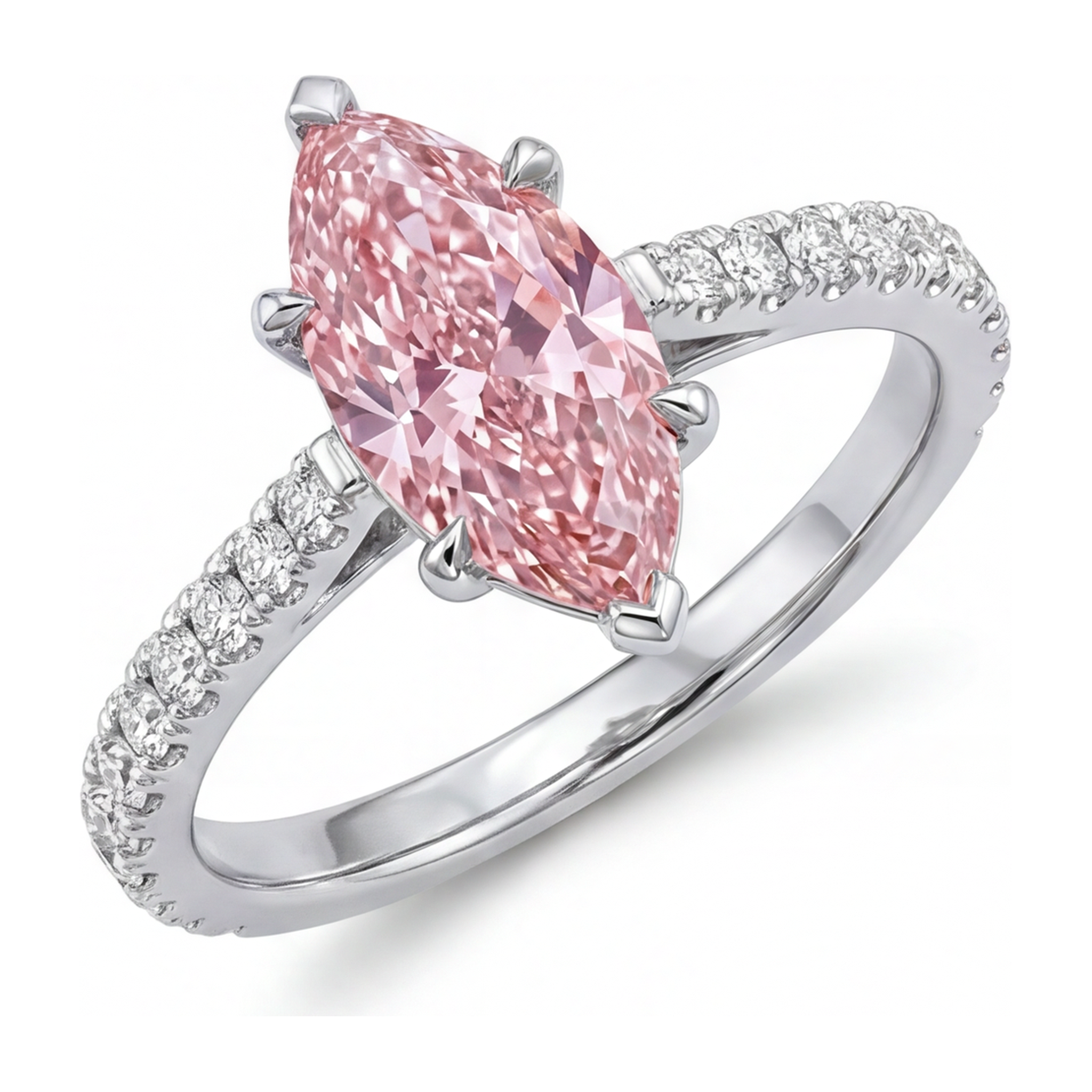 Pink Diamond Ring 2 Carat Lab Grown Marquise Pave 14K White Gold