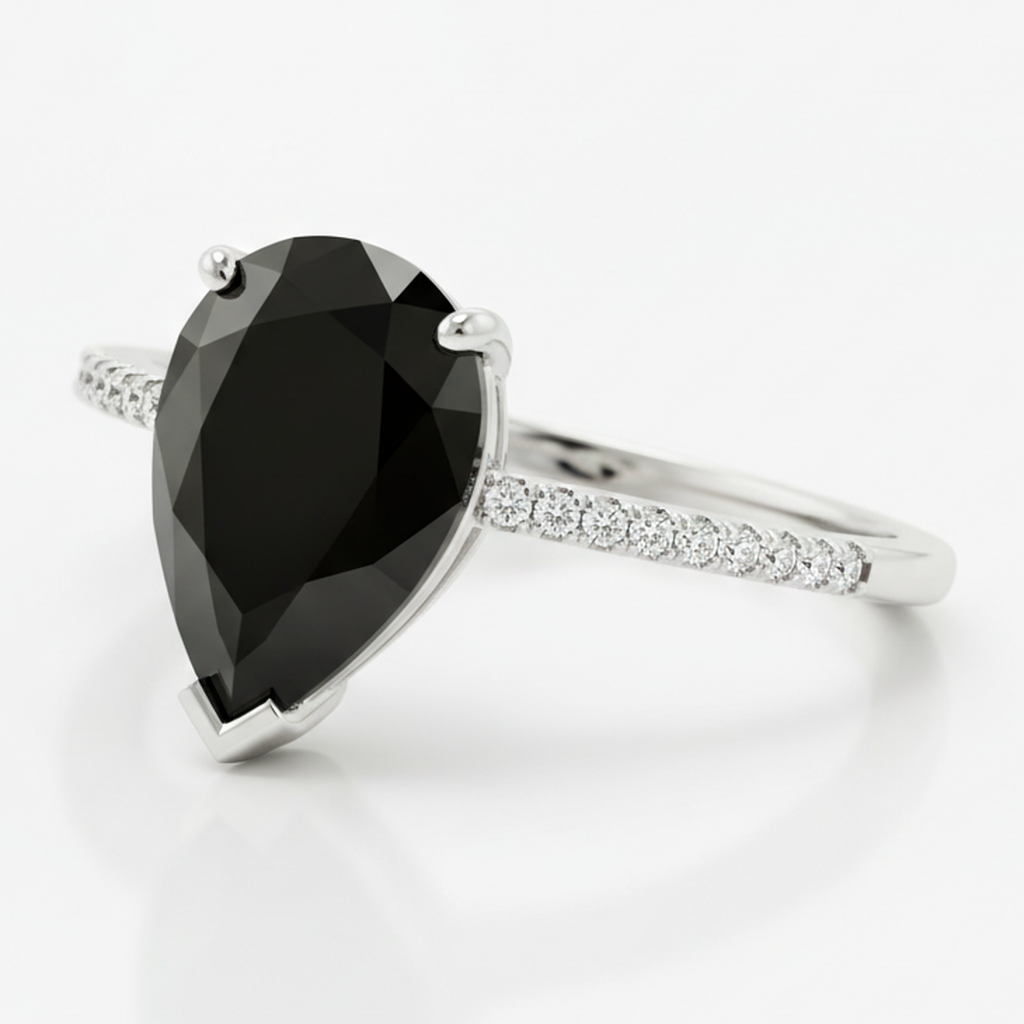 Black Diamond Ring 5 Carat Natural Pear Pave Solitaire 14K White Gold