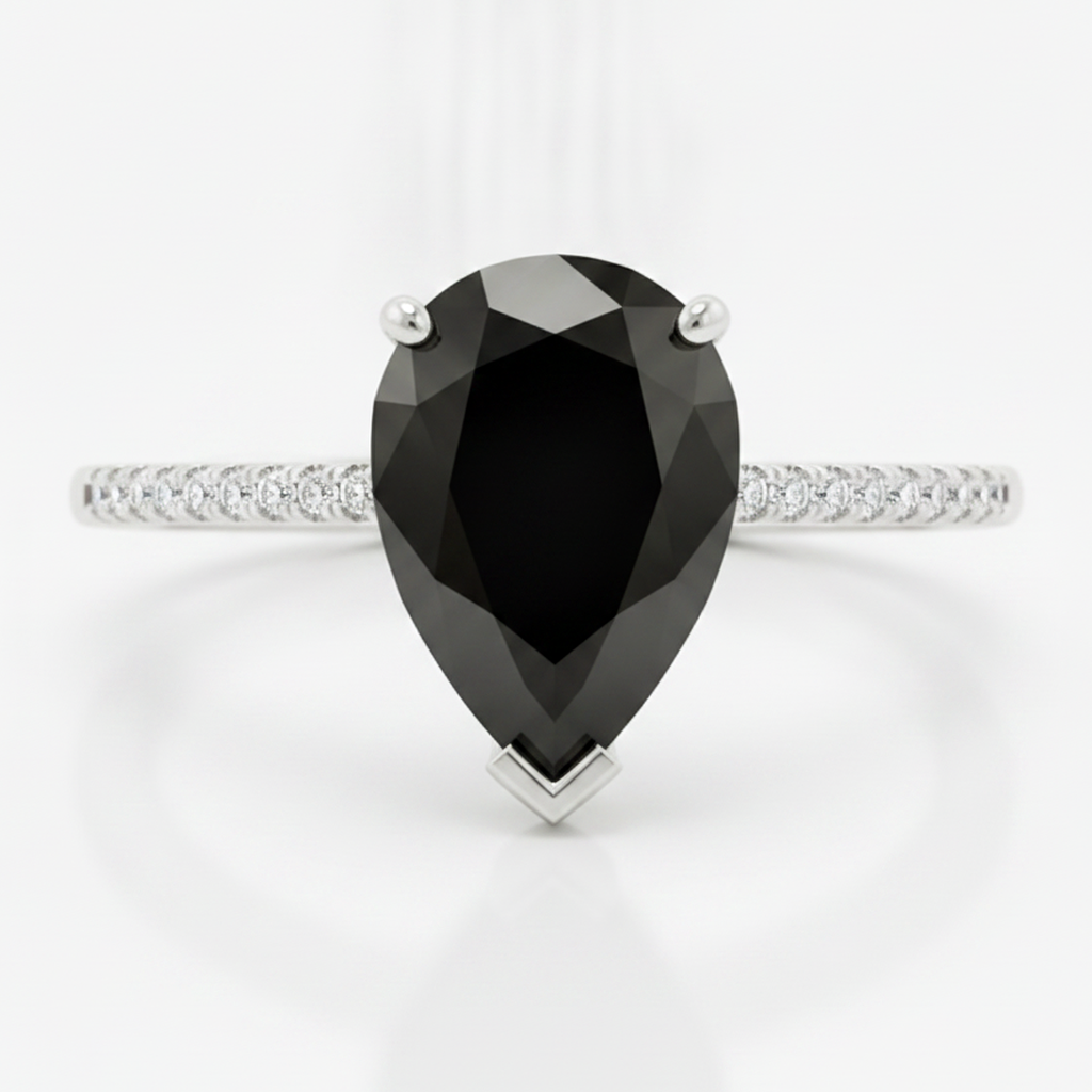 Black Diamond Ring 5 Carat Natural Pear Pave Solitaire 14K White Gold