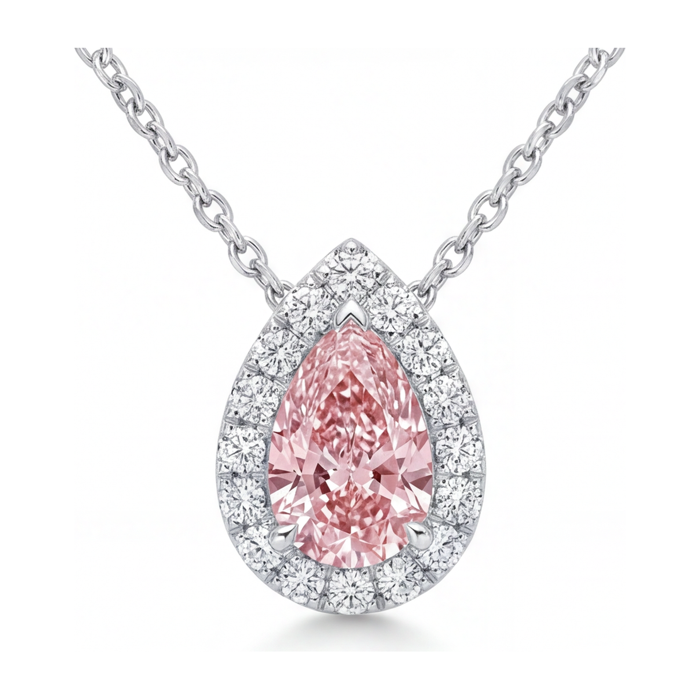 Pink Diamond Necklace 2 Carat Lab Grown Pear Halo Pendant 14K White Gold