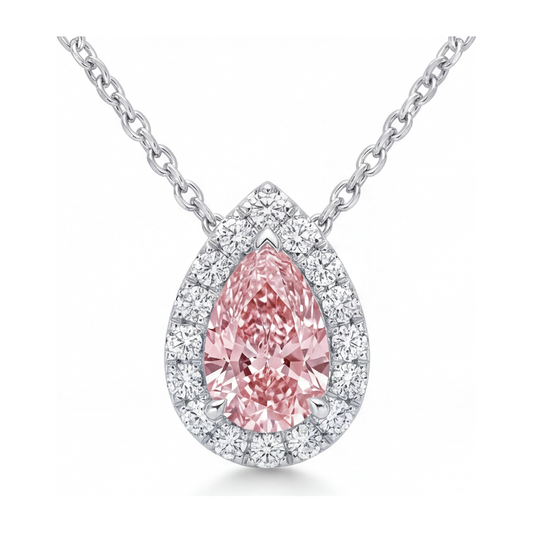 Pink Diamond Necklace 2 Carat Lab Grown Pear Halo Pendant 14K White Gold