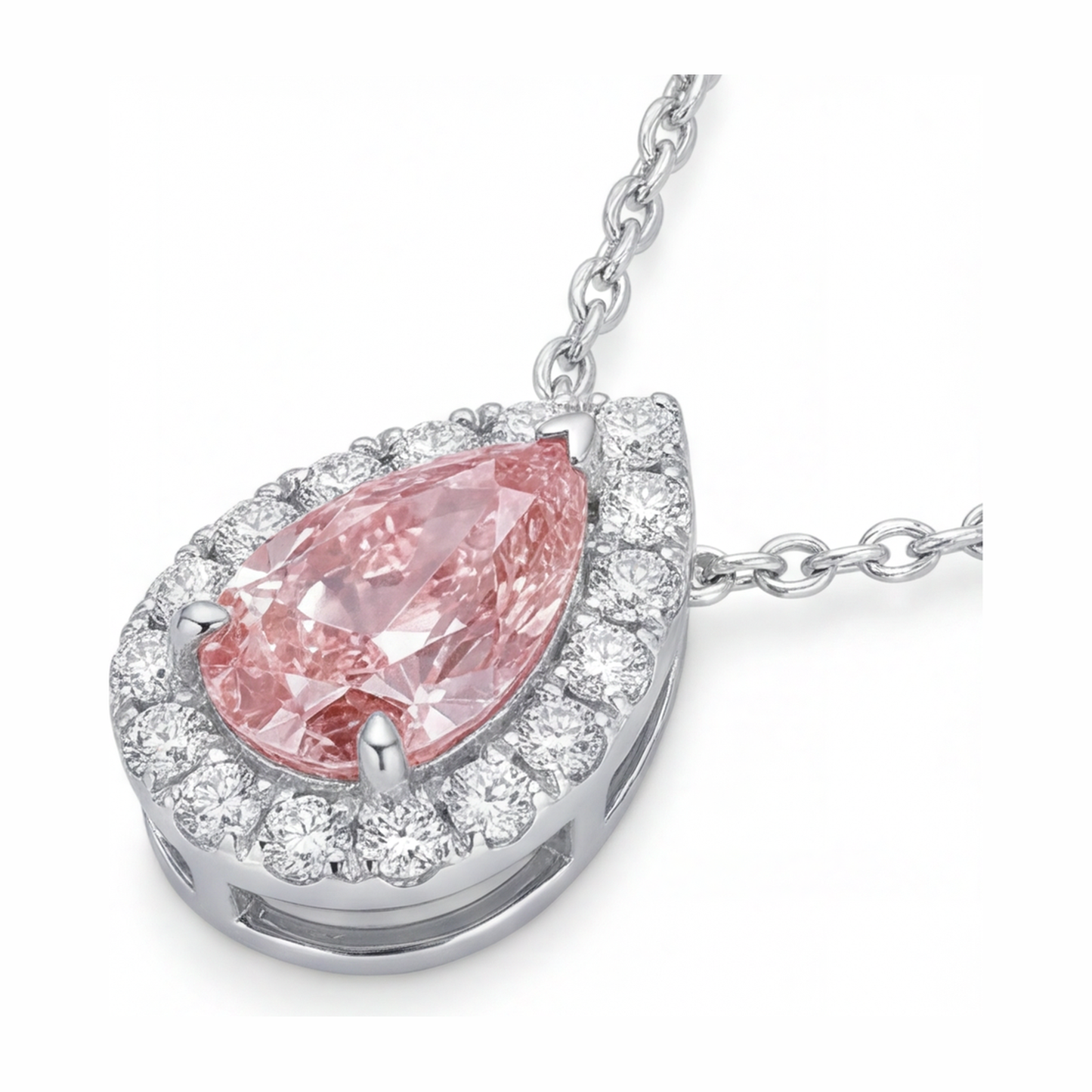 Pink Diamond Necklace 2 Carat Lab Grown Pear Halo Pendant 14K White Gold