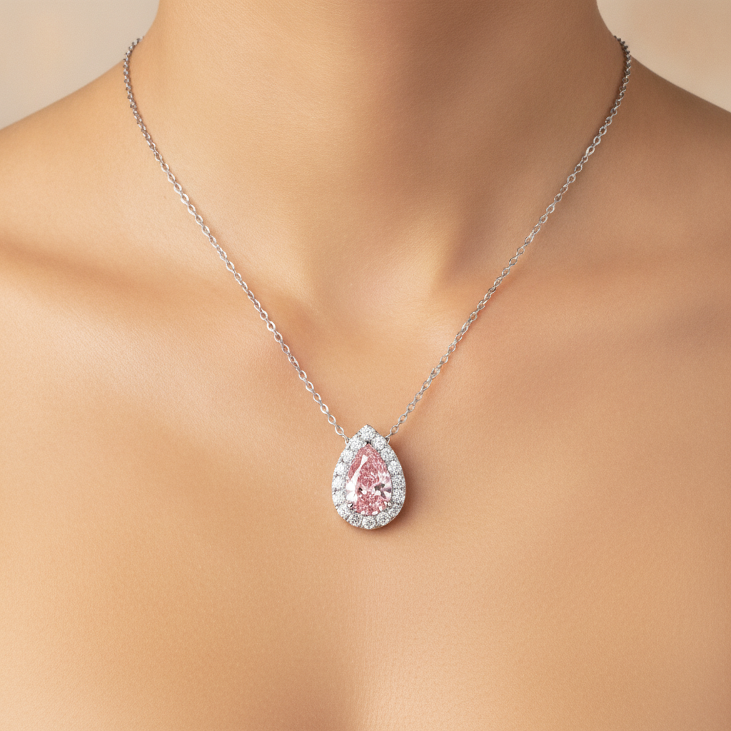 Pink Diamond Necklace 2 Carat Lab Grown Pear Halo Pendant 14K White Gold