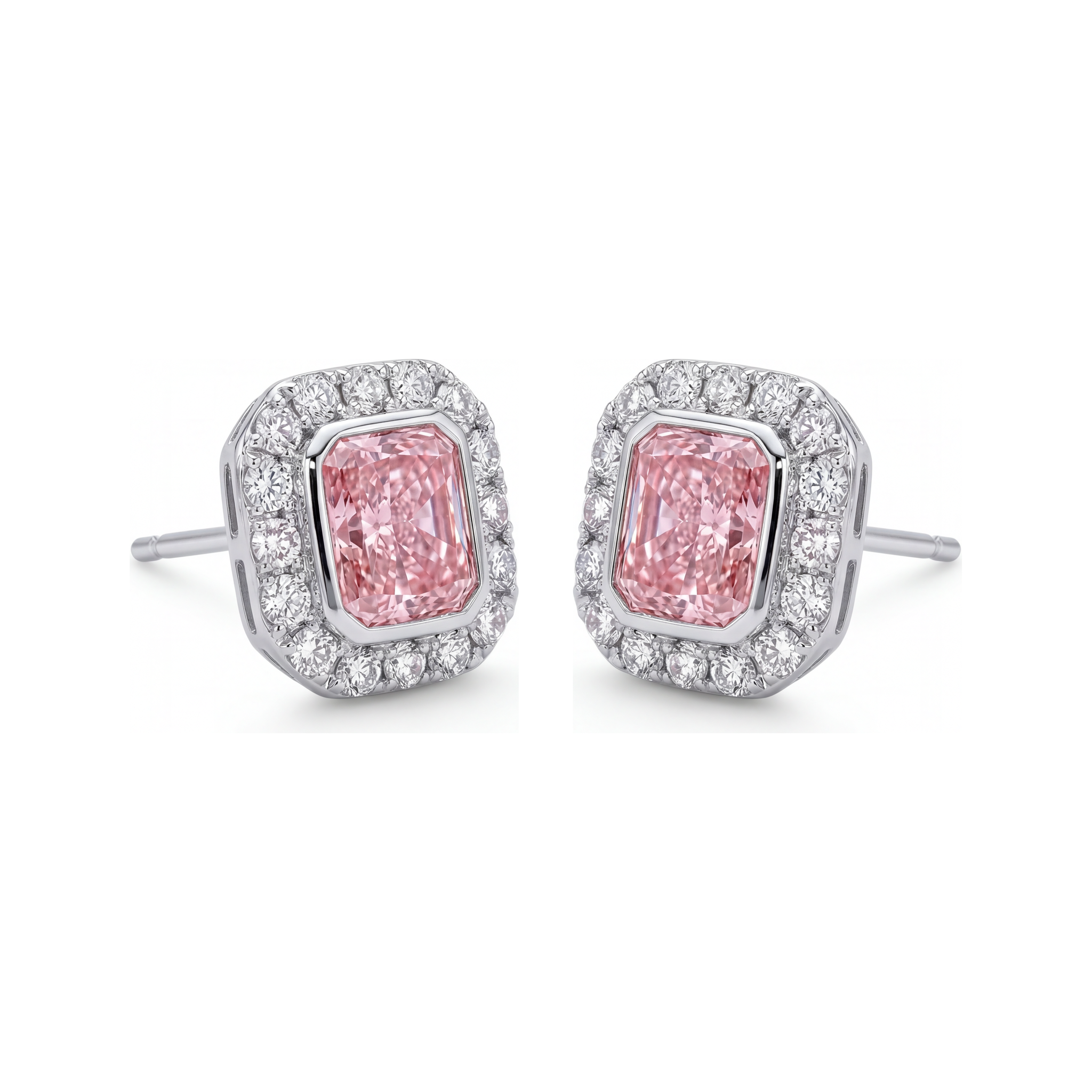 Pink Diamond Earrings 2 Carat Lab Grown Radiant Halo 14K White Gold