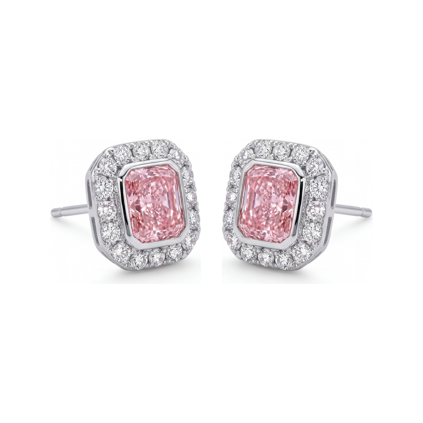Pink Diamond Earrings 2 Carat Lab Grown Radiant Halo 14K White Gold