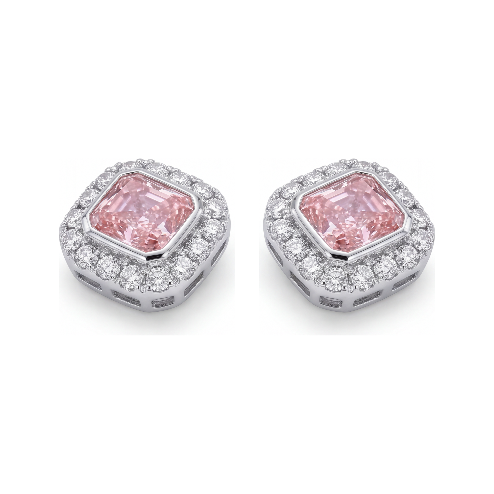 Pink Diamond Earrings 2 Carat Lab Grown Radiant Halo 14K White Gold