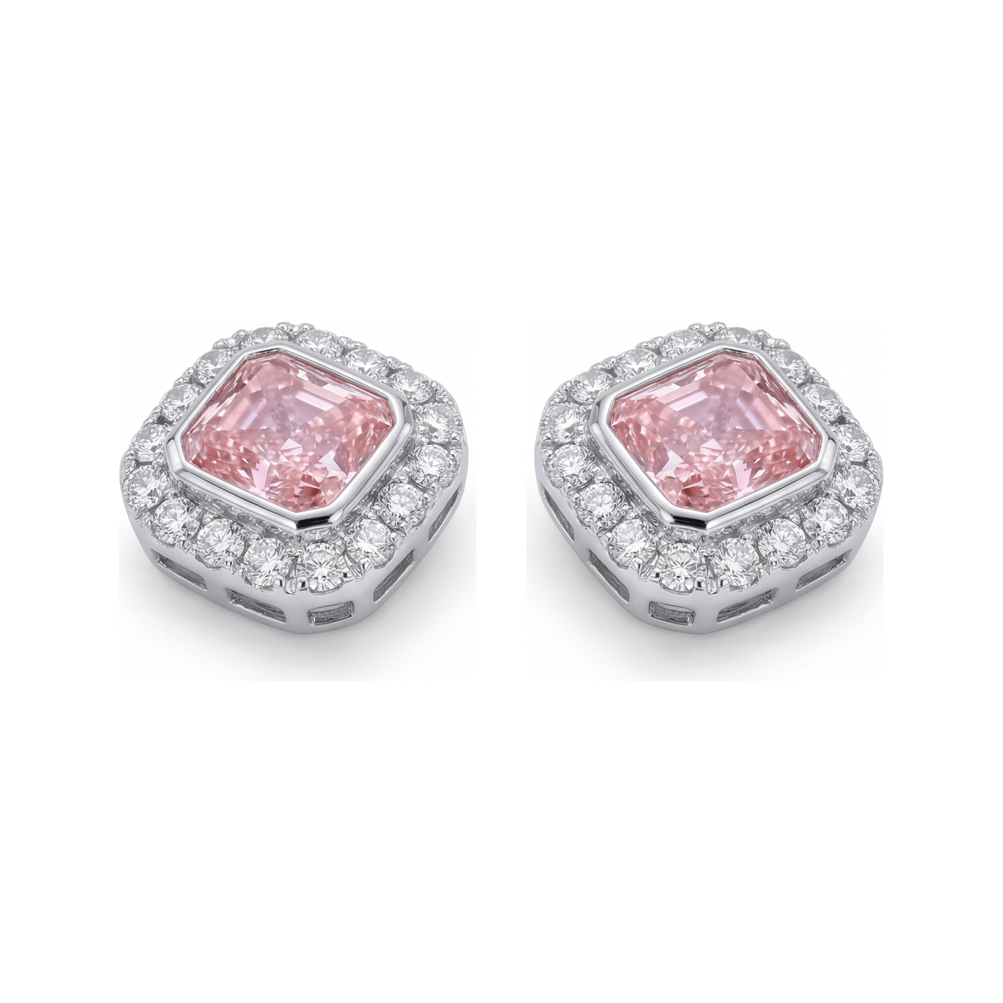 Pink Diamond Earrings 2 Carat Lab Grown Radiant Halo 14K White Gold