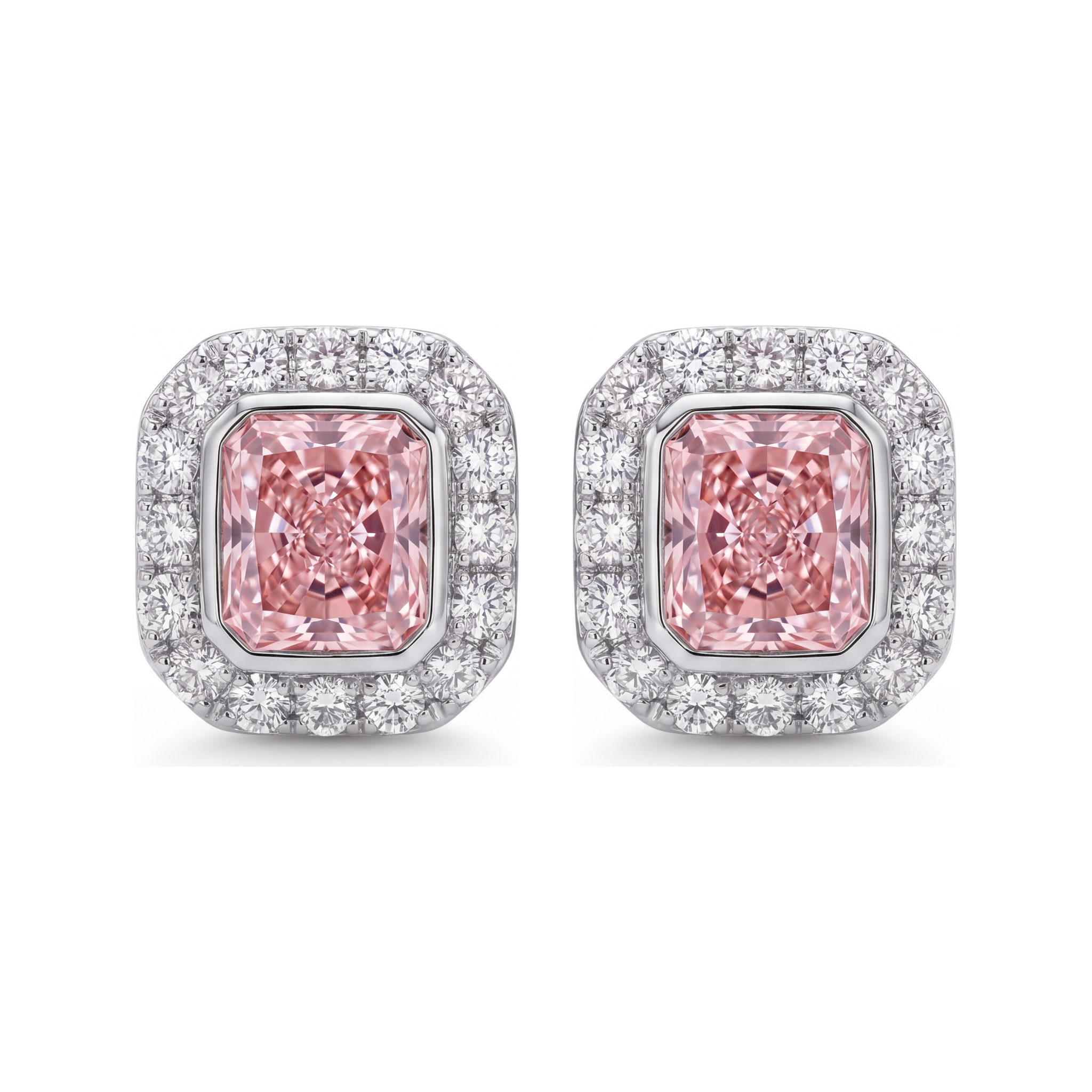 Pink Diamond Earrings 2 Carat Lab Grown Radiant Halo 14K White Gold