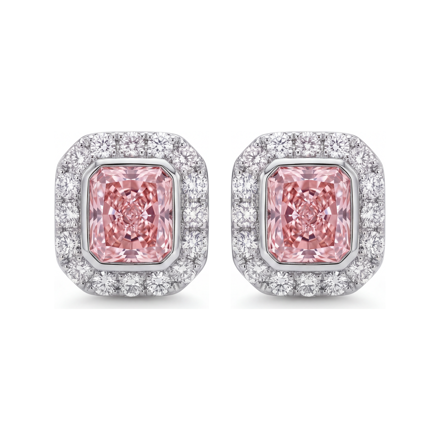 Pink Diamond Earrings 2 Carat Lab Grown Radiant Halo 14K White Gold