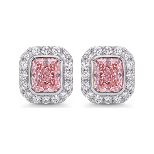 Pink Diamond Earrings 2 Carat Lab Grown Radiant Halo 14K White Gold