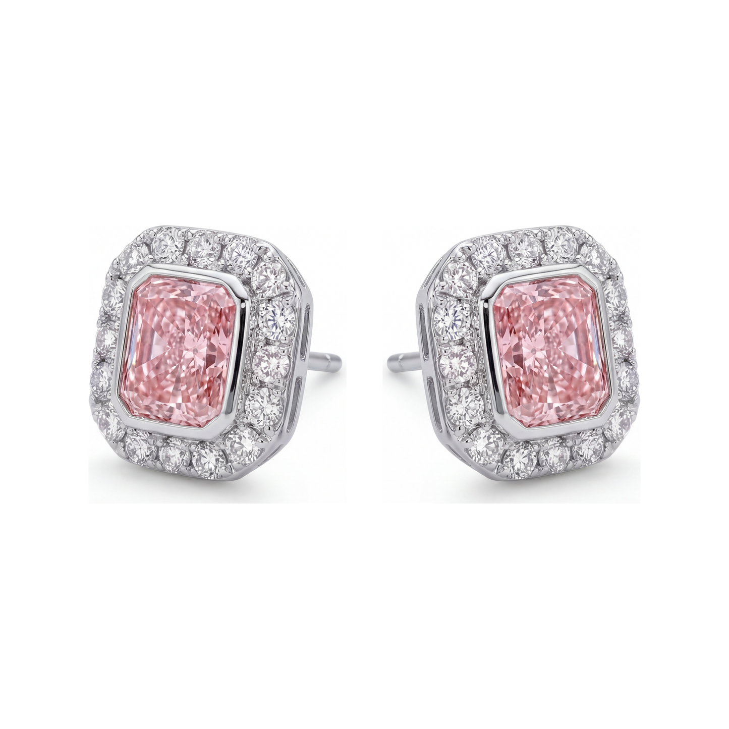 Pink Diamond Earrings 2 Carat Lab Grown Radiant Halo 14K White Gold