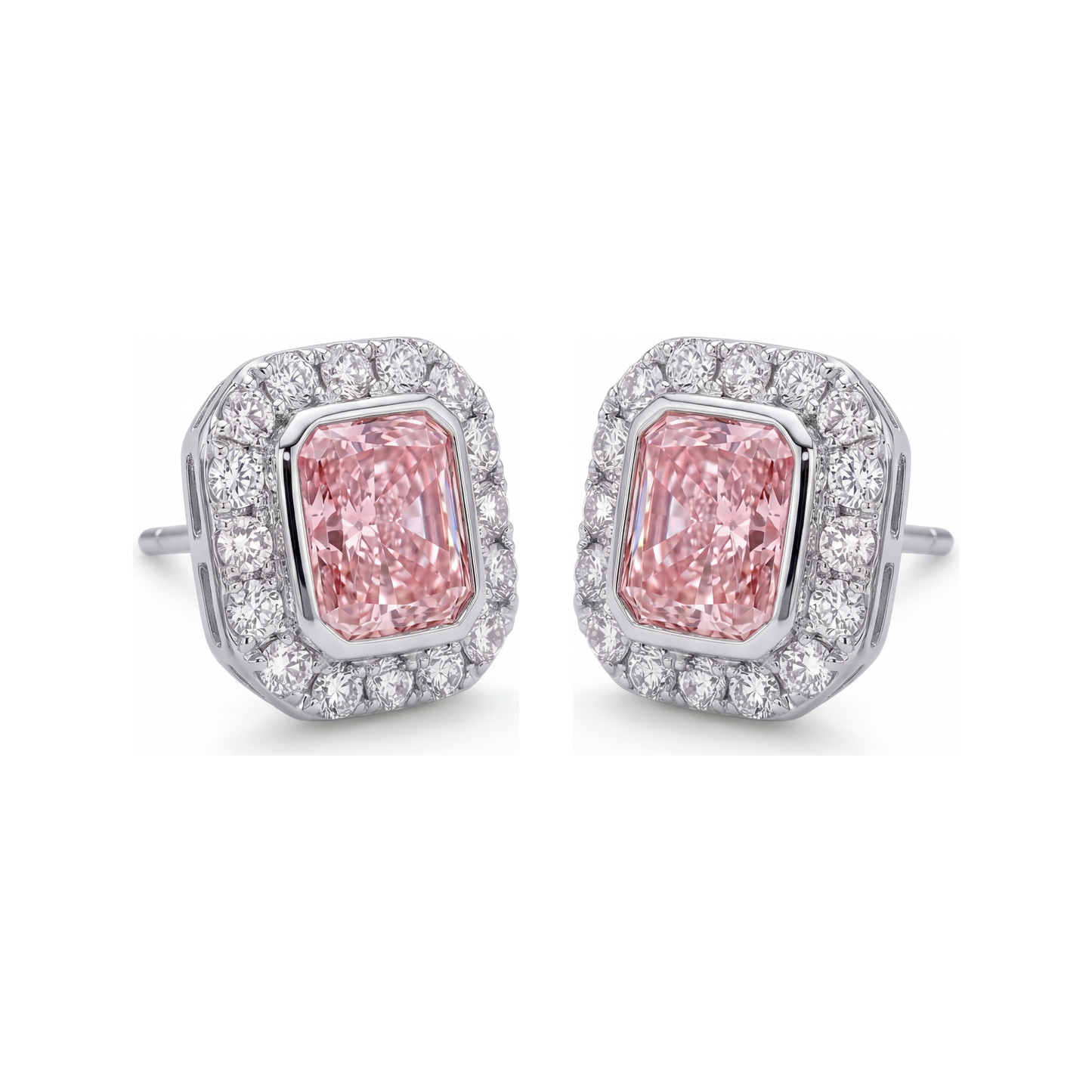 Pink Diamond Earrings 2 Carat Lab Grown Radiant Halo 14K White Gold