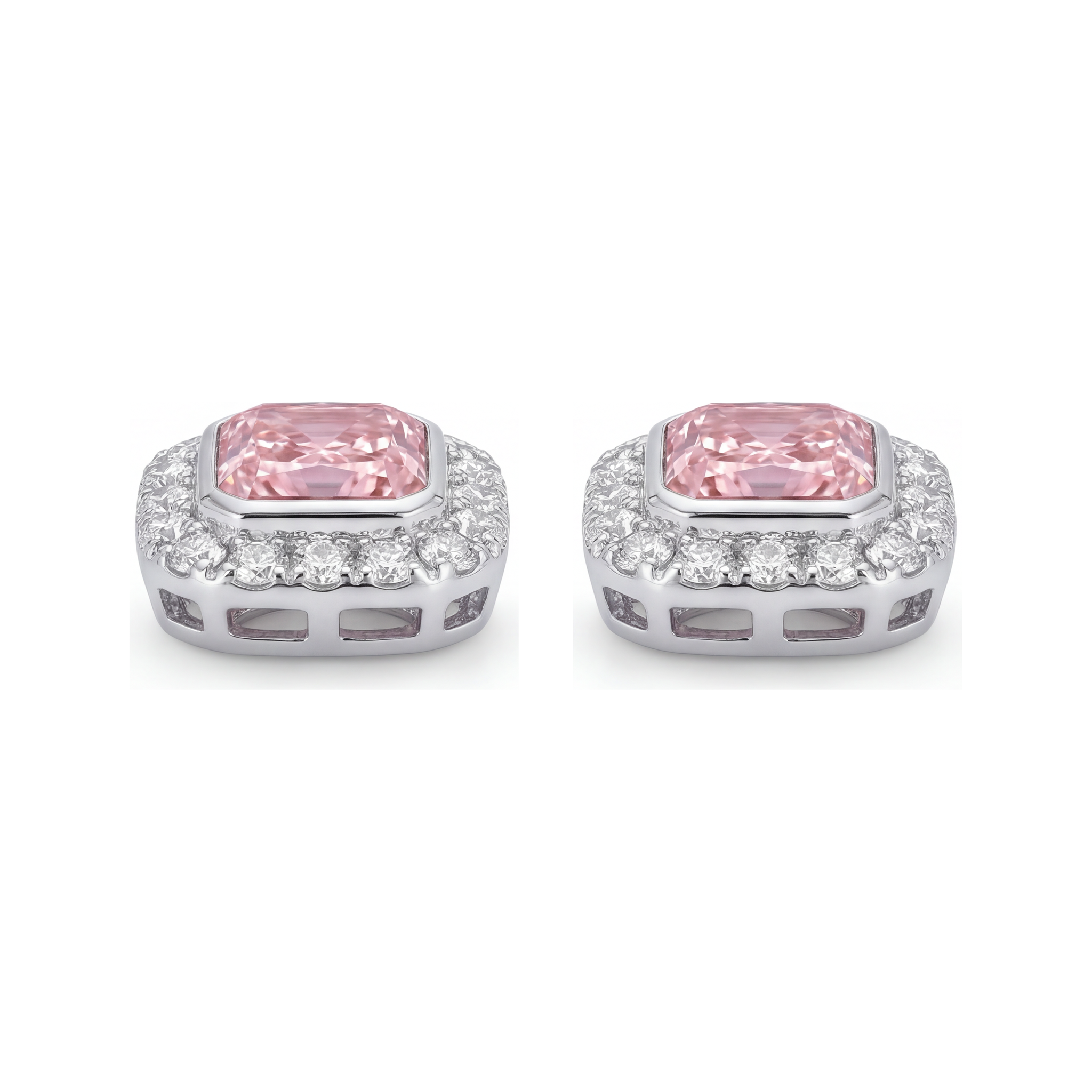 Pink Diamond Earrings 2 Carat Lab Grown Radiant Halo 14K White Gold
