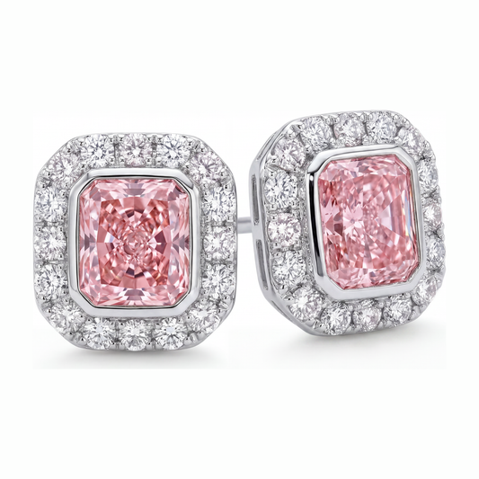 Pink Diamond Earrings 2 Carat Lab Grown Radiant Halo 14K White Gold
