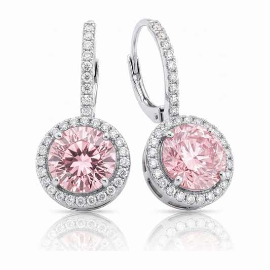 Pink Diamond Earrings 2 Carat Lab Grown Round Halo 14K White Gold