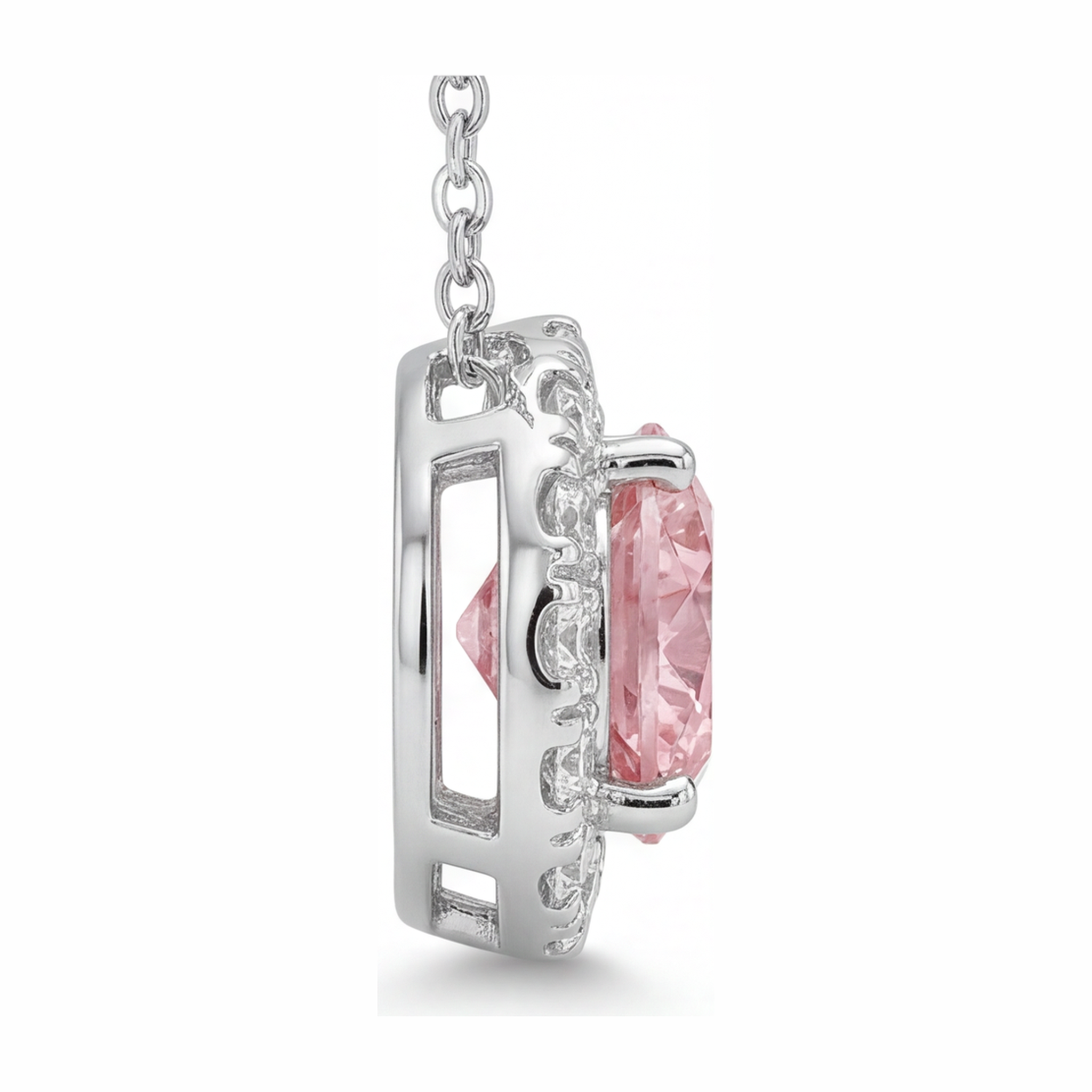 Pink Diamond Necklace 2 Carat Lab Grown Round Halo Pendant 14K White Gold