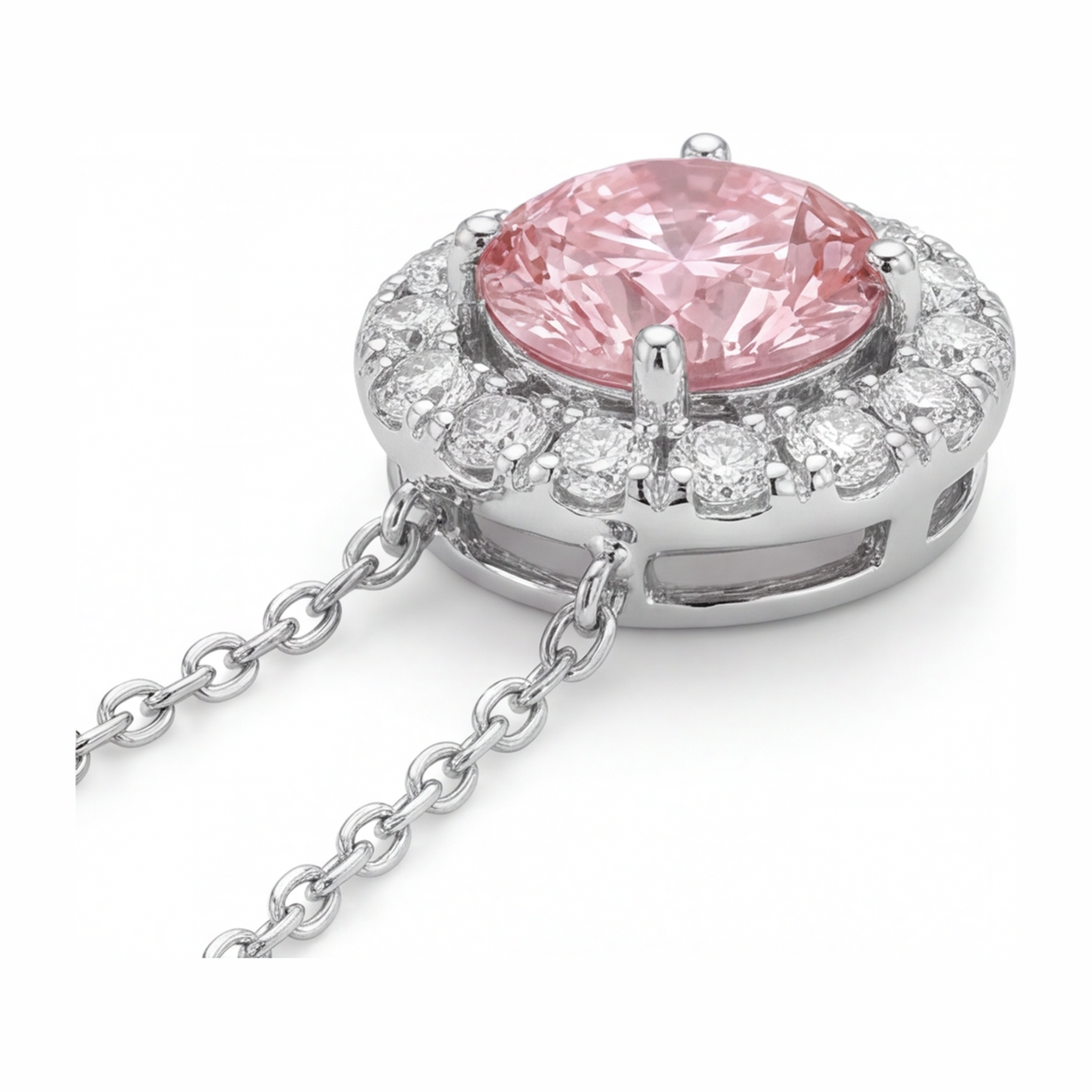 Pink Diamond Necklace 2 Carat Lab Grown Round Halo Pendant 14K White Gold