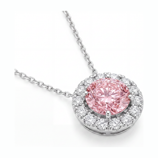Pink Diamond Necklace 2 Carat Lab Grown Round Halo Pendant 14K White Gold