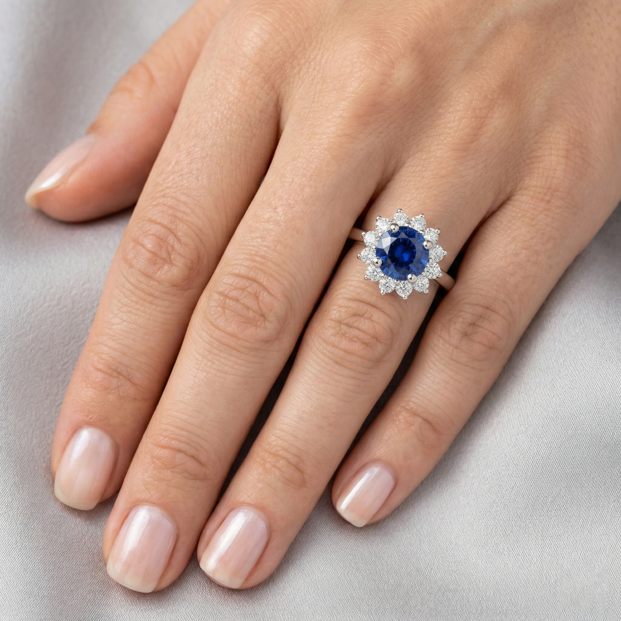 2.20 Carats Round Ceylon Sapphire Ring Natural Earth Mined DIAMOND ( NOT LAB GROWN ) Jewellery Gold White 14K