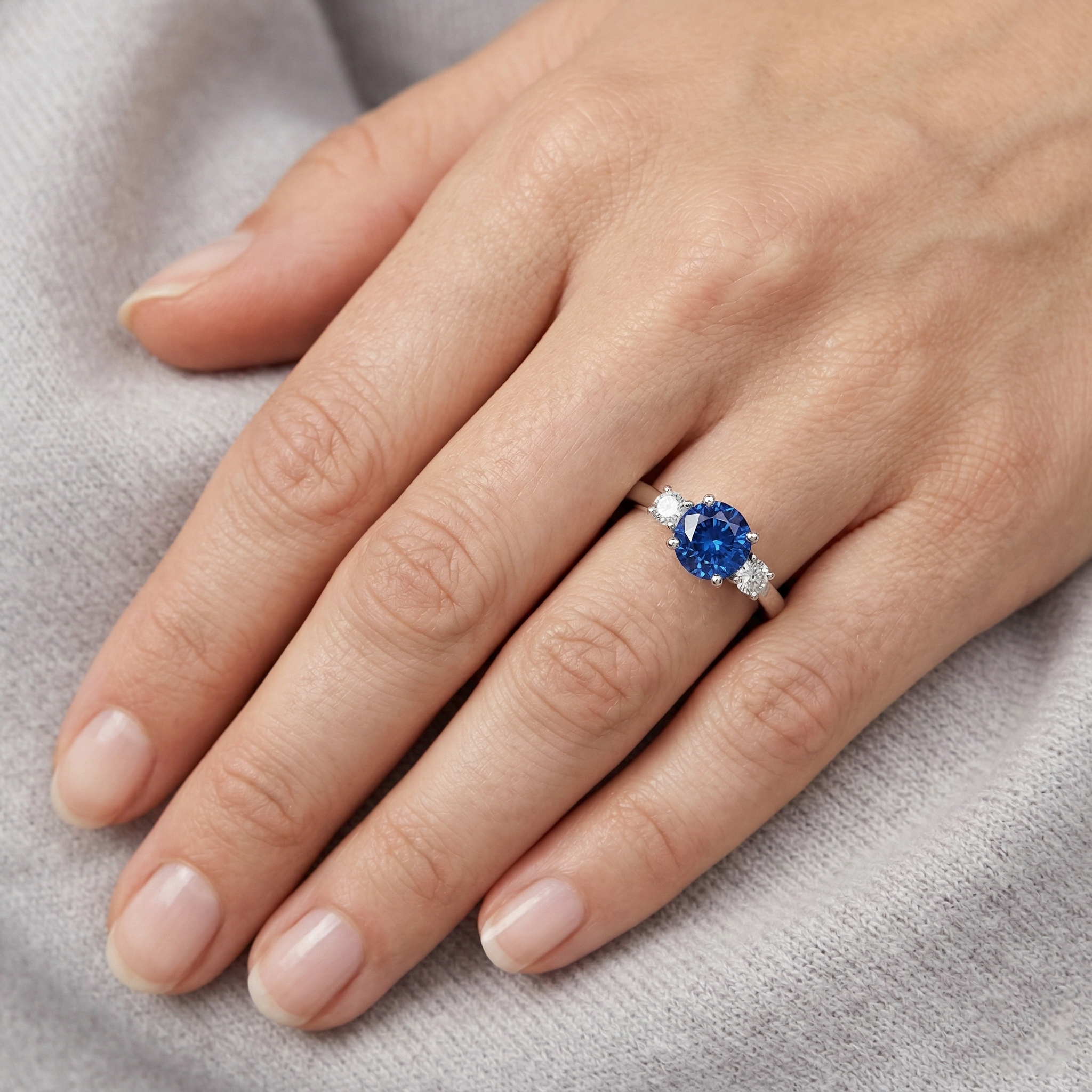 2.70 Ct Blue Sapphire And Natural Earth Mined DIAMOND ( NOT LAB GROWN )s Three Stone Ring Gold 14K