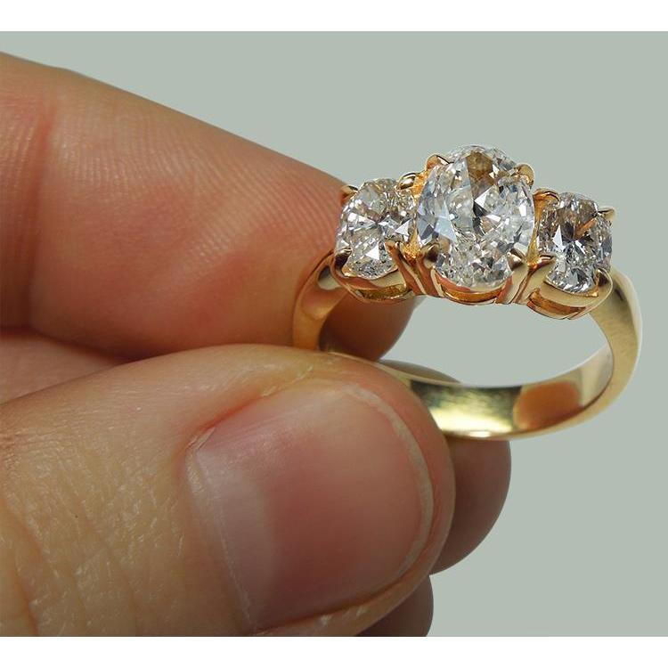 2.81 Cts. Oval Genuine Diamonds Three Stone Engagement Ring Yellow Gold 14K
