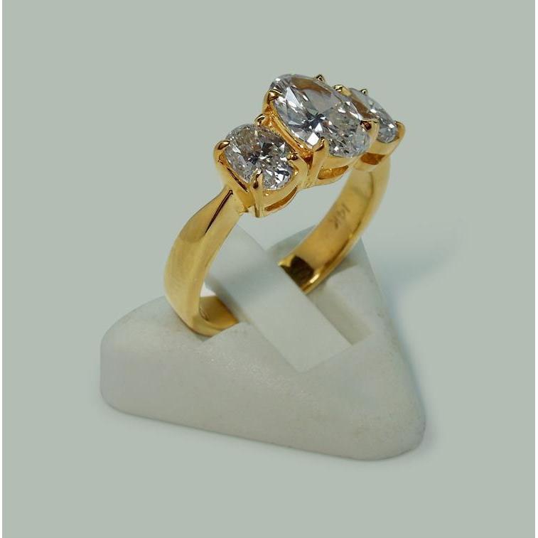 2.81 Cts. Oval Genuine Diamonds Three Stone Engagement Ring Yellow Gold 14K