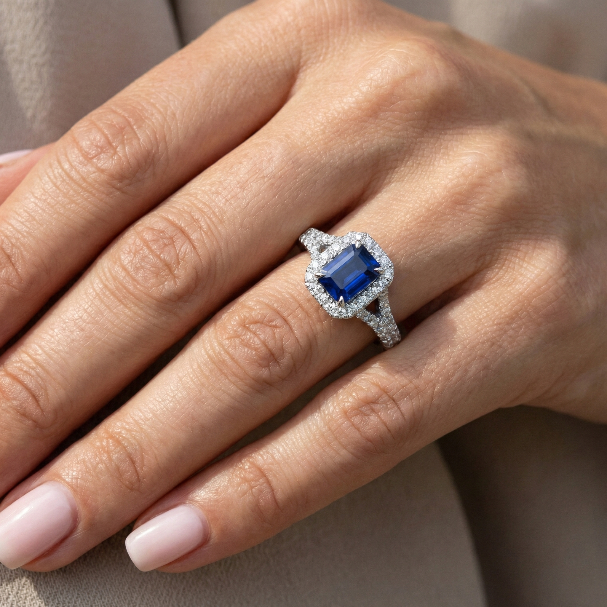 2.85 Carats Blue Sapphire And Natural Earth Mined DIAMOND ( NOT LAB GROWN )s Ring Prong Set 14K White Gold