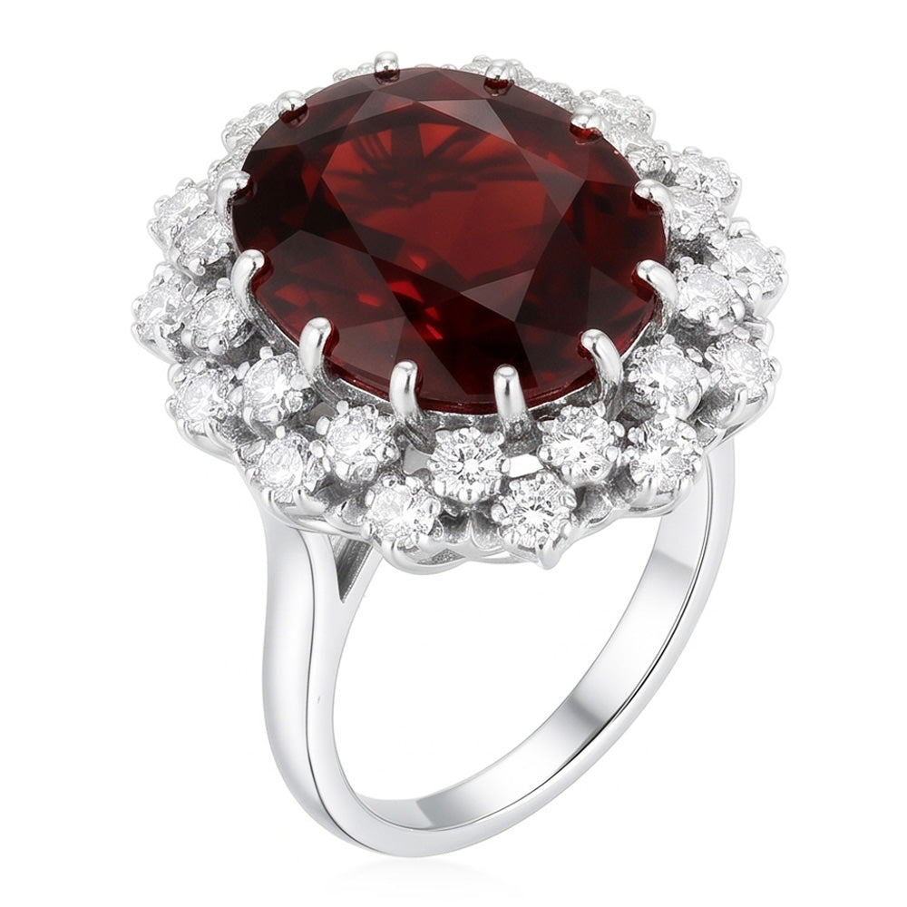 21.75 Ct Hessonite Garnet And Natural Earth Mined Diamonds Wedding Ring 14K White Gold
