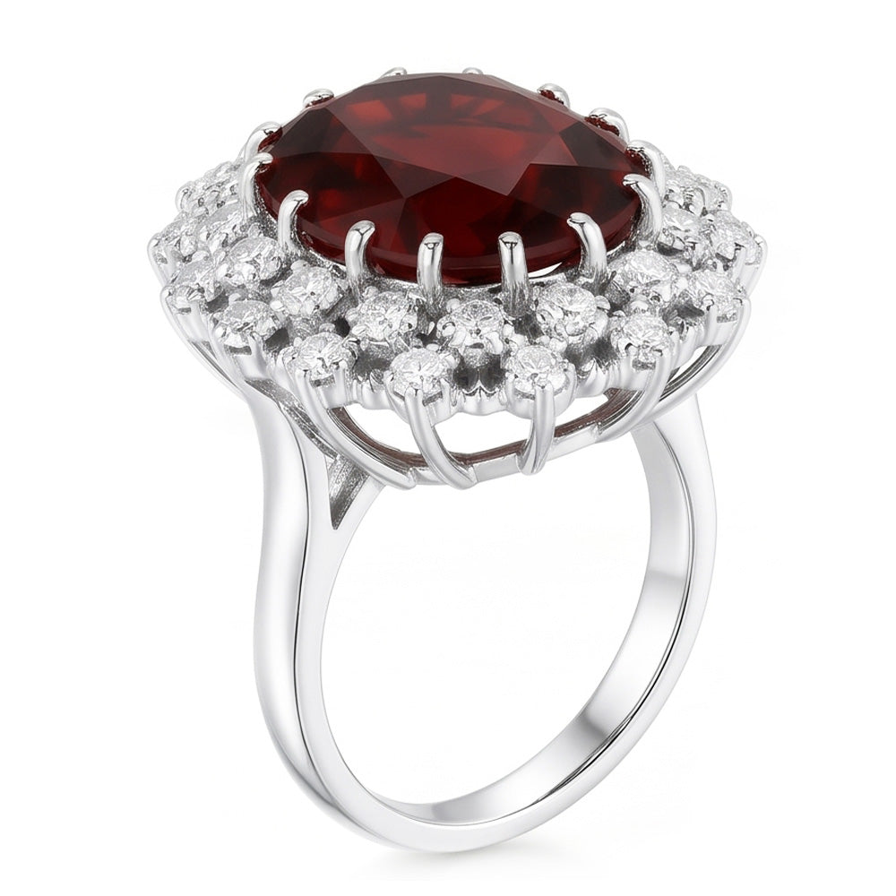 21.75 Ct Hessonite Garnet And Natural Earth Mined Diamonds Wedding Ring 14K White Gold