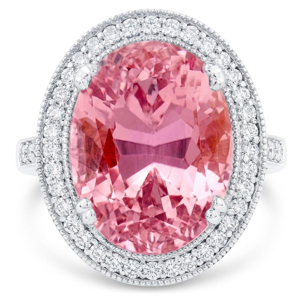 22.34 Ct Pink Kunzite And Natural Earth Mined Diamonds Ring White Gold 14K