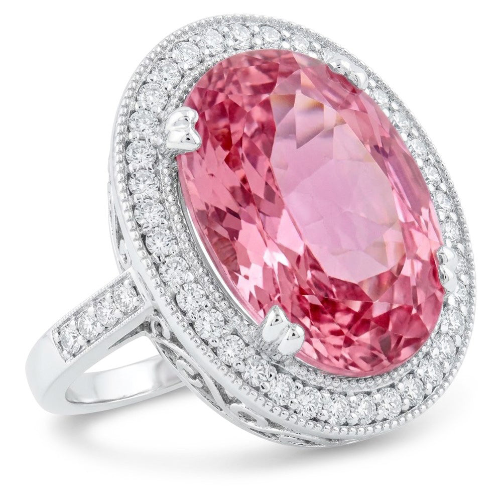 22.34 Ct Pink Kunzite And Natural Earth Mined Diamonds Ring White Gold 14K