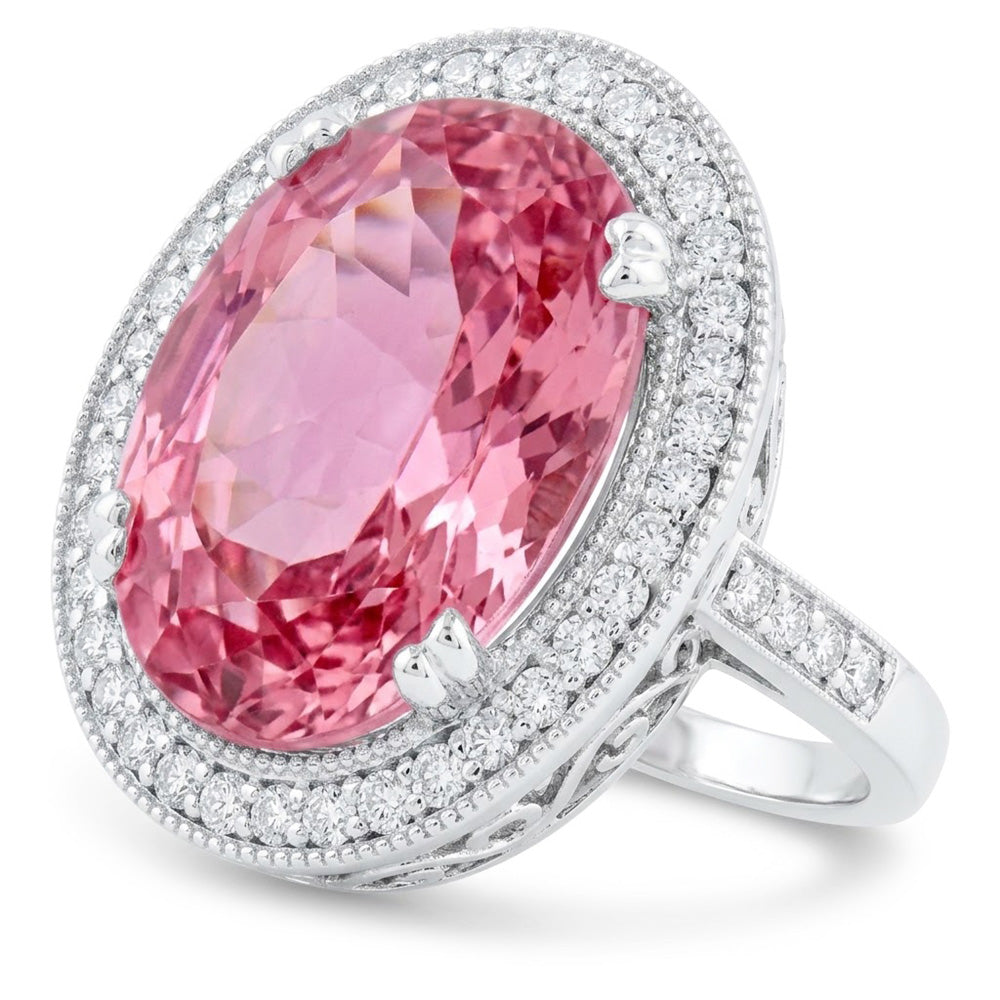 22.34 Ct Pink Kunzite And Natural Earth Mined Diamonds Ring White Gold 14K