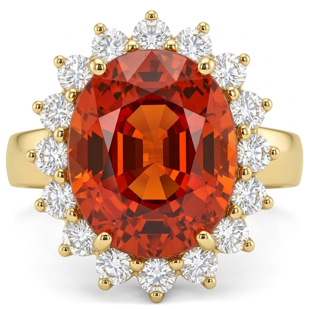 22.50 Carats Mandarin Garnet With Natural Earth Mined Diamonds Ring Yellow Gold 14K New