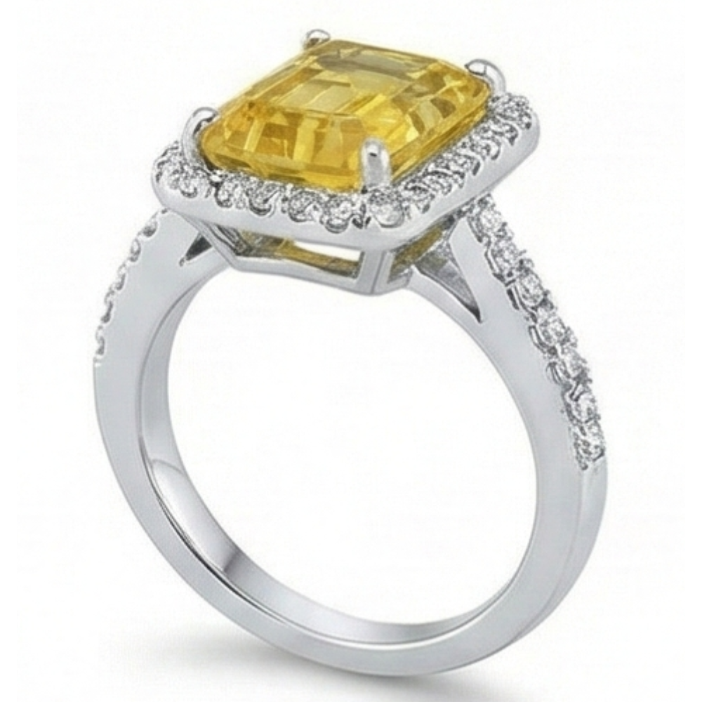 22 Carats Yellow Citrine And Natural Earth Mined Diamond Wedding Ring White Gold Jewellery