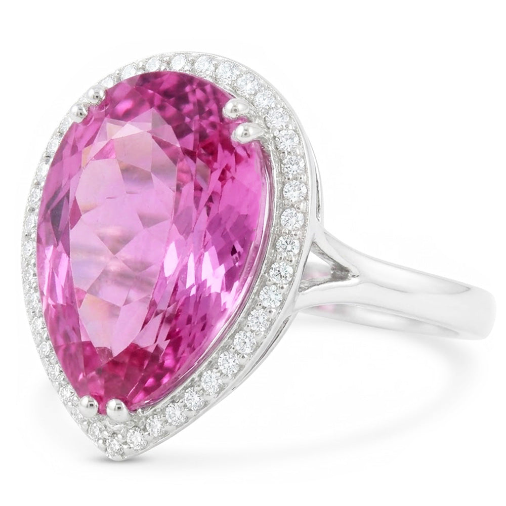 24.45 Carats Pear Pink Kunzite With Natural Earth Mined Diamond Wedding Ring White Gold