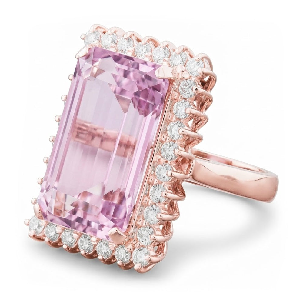 24 Carat Kunzite With Natural Earth Mined Diamonds Ring Prong Set Rose Gold 14K