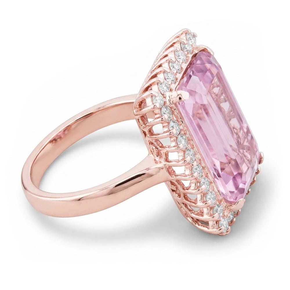 24 Carat Kunzite With Natural Earth Mined Diamonds Ring Prong Set Rose Gold 14K