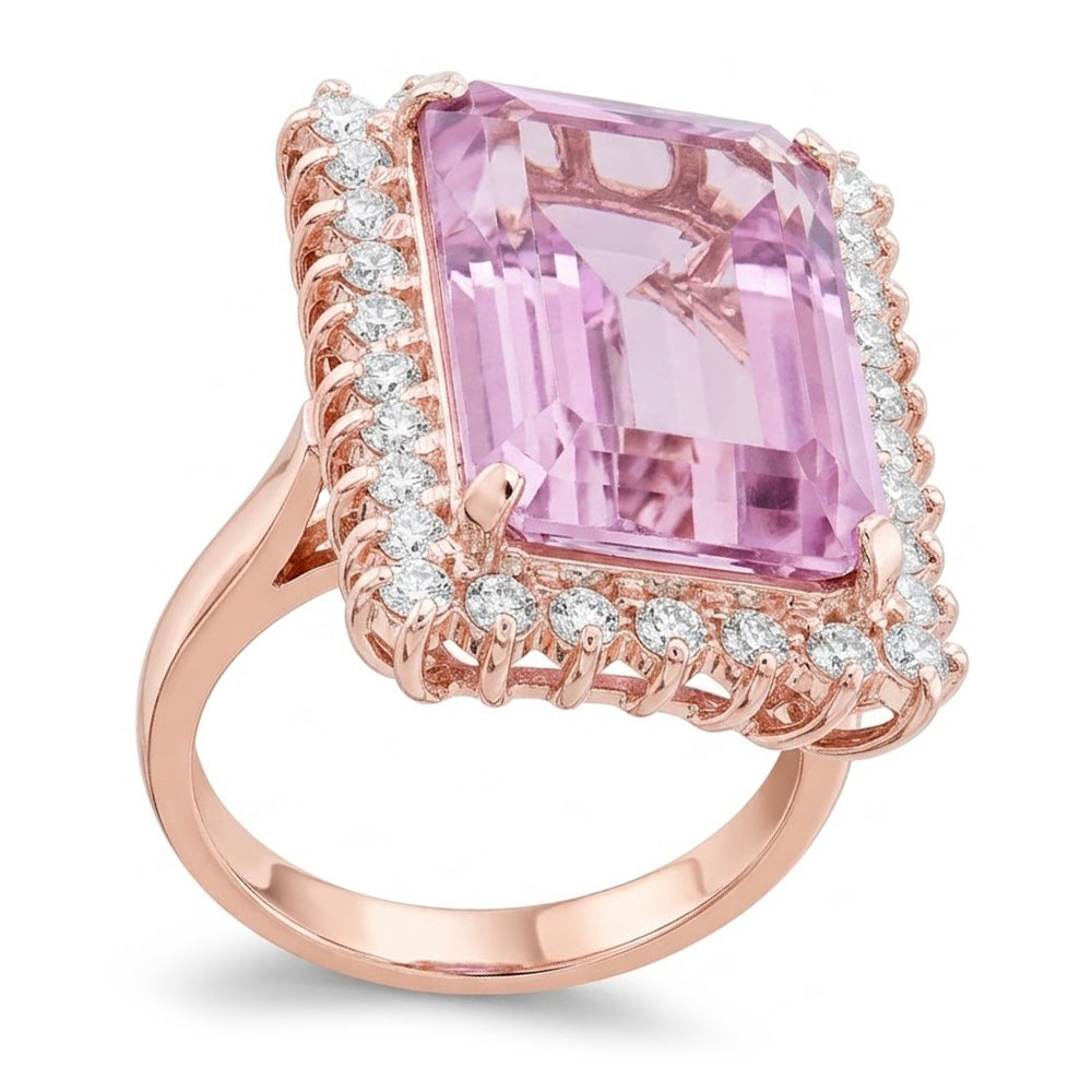 24 Carat Kunzite With Natural Earth Mined Diamonds Ring Prong Set Rose Gold 14K