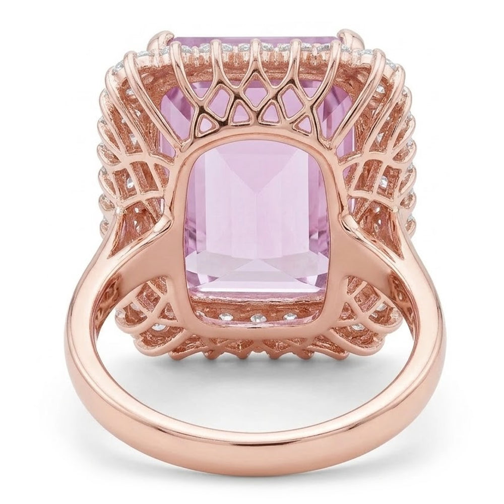24 Carat Kunzite With Natural Earth Mined Diamonds Ring Prong Set Rose Gold 14K