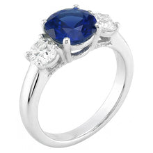 2 Carats Three Stone Ring Round Blue Sapphire & Natural Earth Mined Diamonds