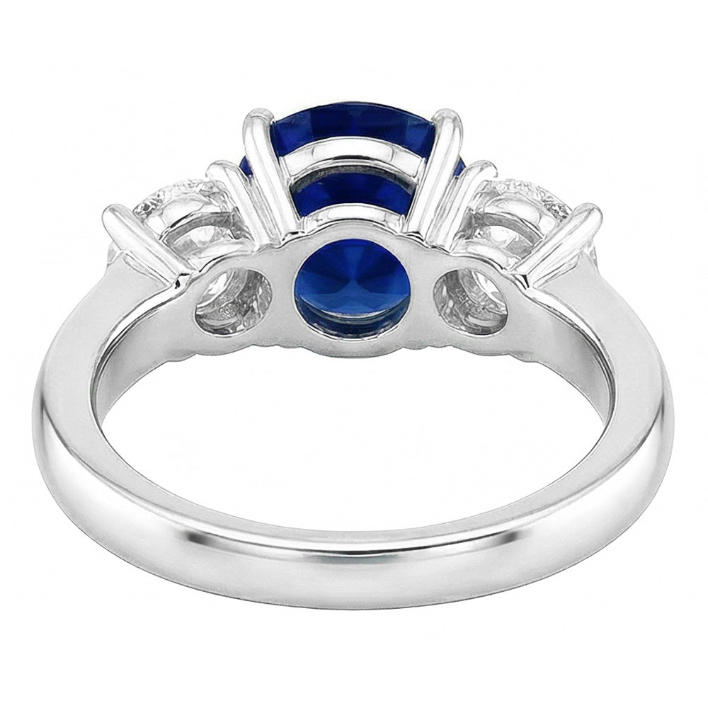 2 Carats Three Stone Ring Round Blue Sapphire & Natural Earth Mined Diamonds