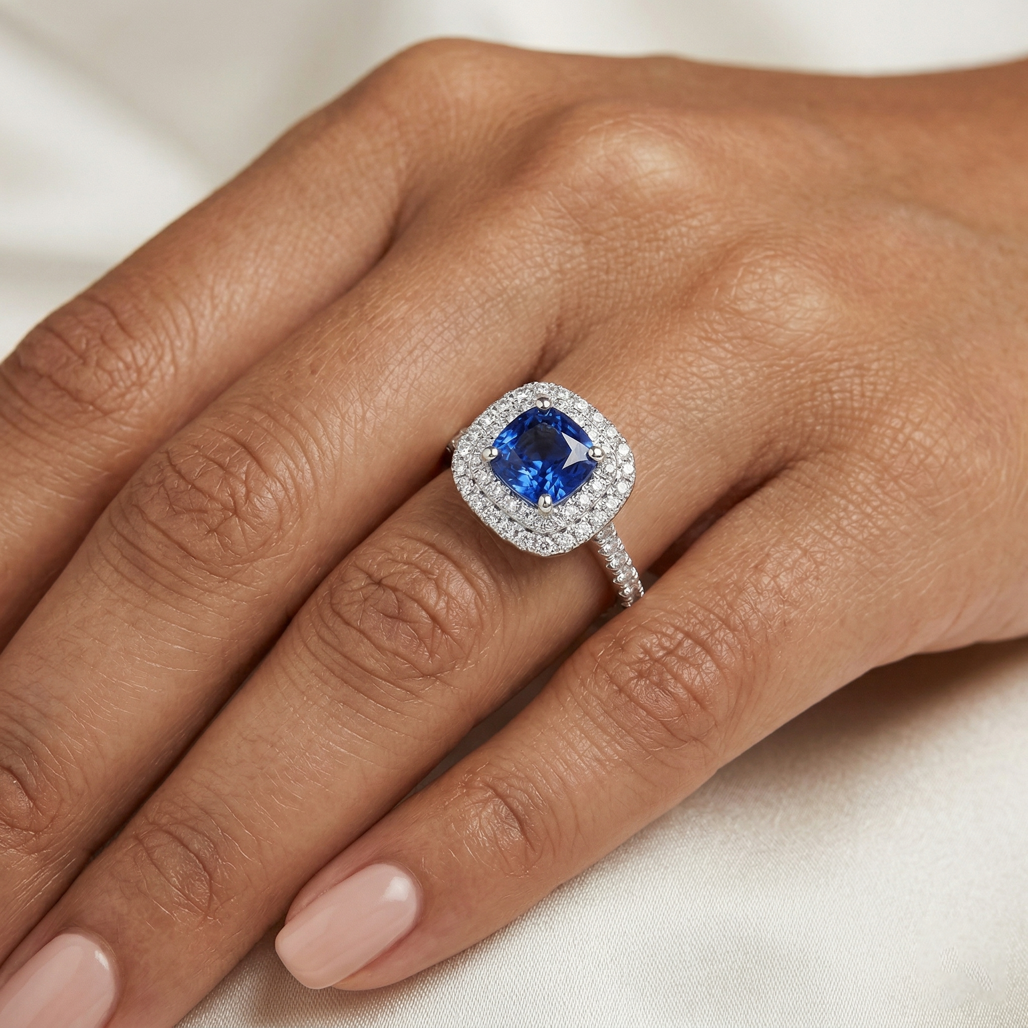 2 Ct Blue Cushion Sapphire And Halo Round Natural Earth Mined Diamond Ring 14K White Gold