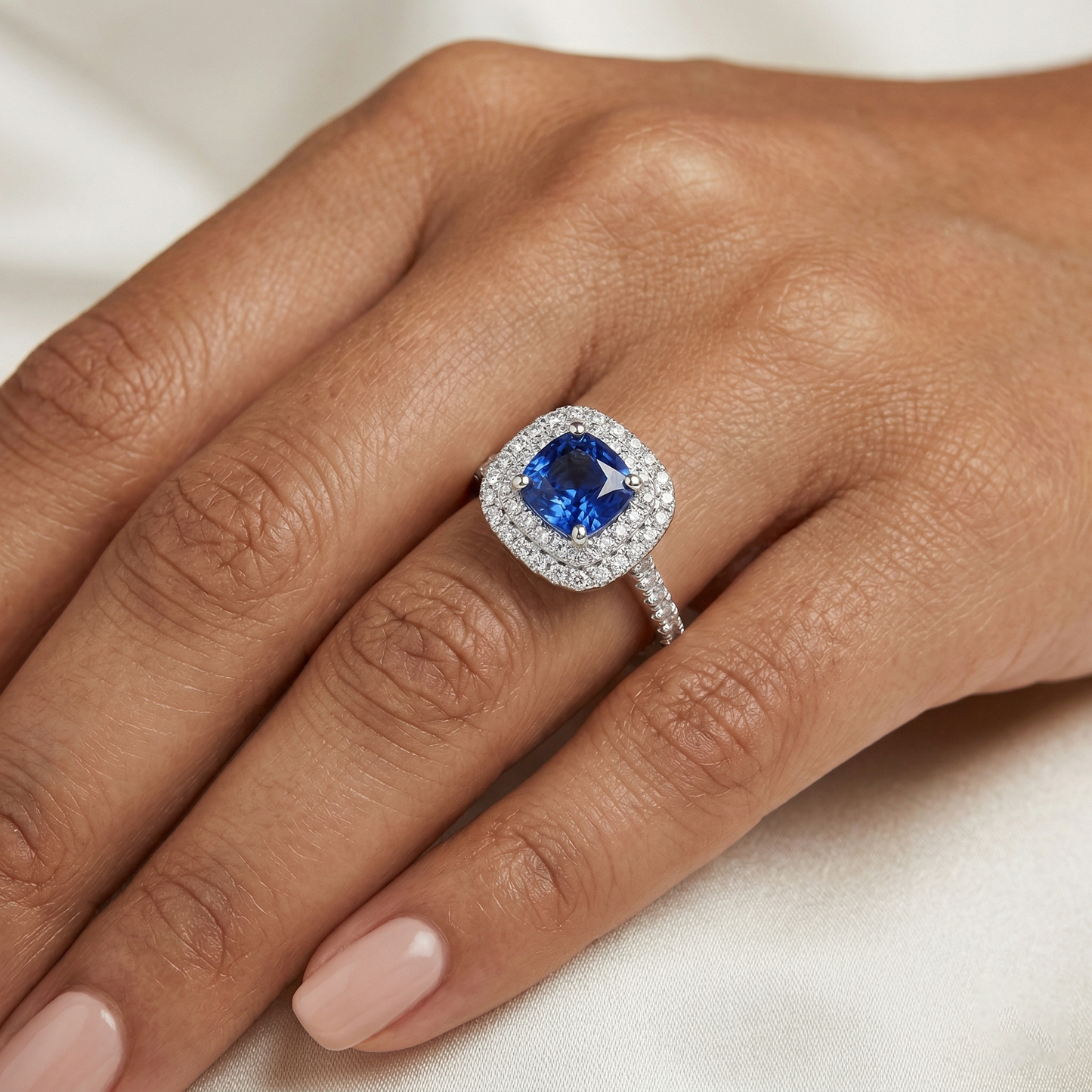 2 Ct Blue Cushion Sapphire And Halo Round Natural Earth Mined Diamond Ring 14K White Gold