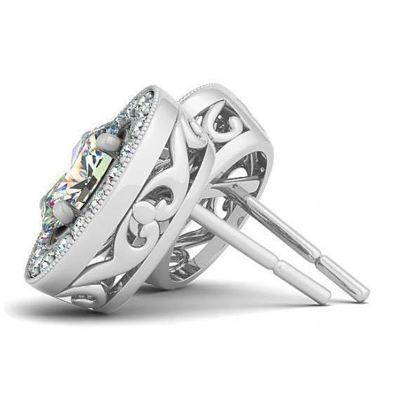 2.00 Carats Real Oval Diamonds Halo Studs Pair Earrings White Gold 14K