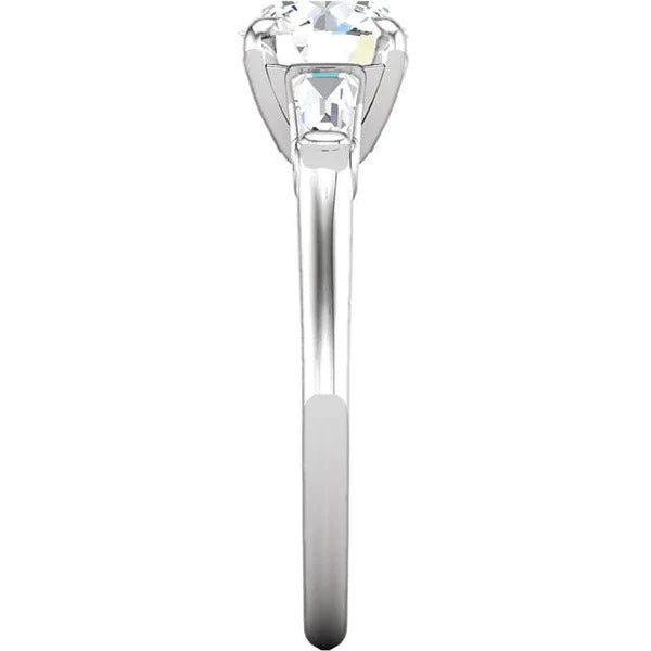 2.01 Ct Round And Baguette Real Diamond 3 Stone Engagement Ring White Gold